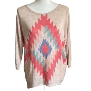 charlie Charming Aztec Print Top 3/4 Sleeve Pullover‎ Blouse Size S